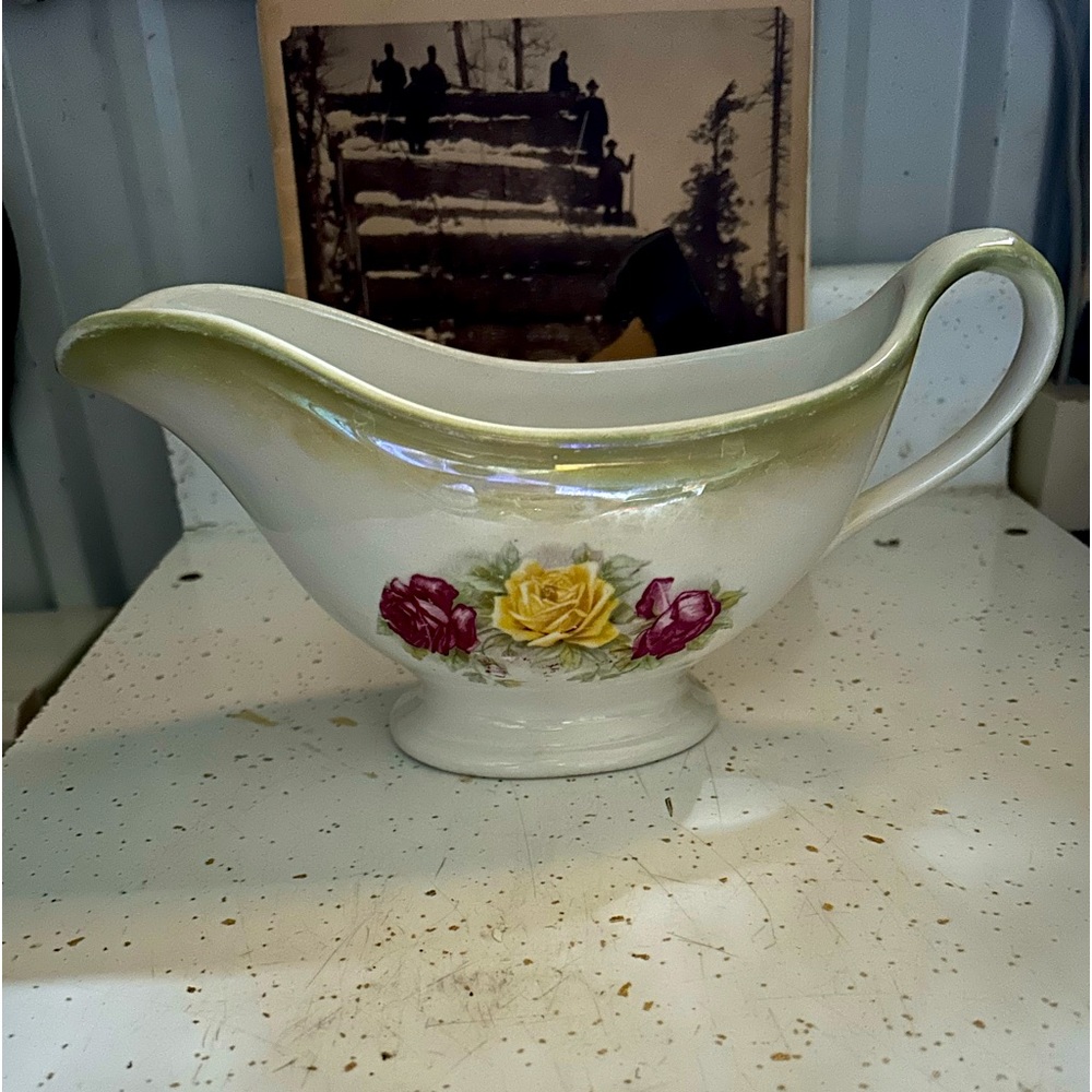 Early 1900s Iridescent Green Gravy Boat with Pink & Yellow Flowers